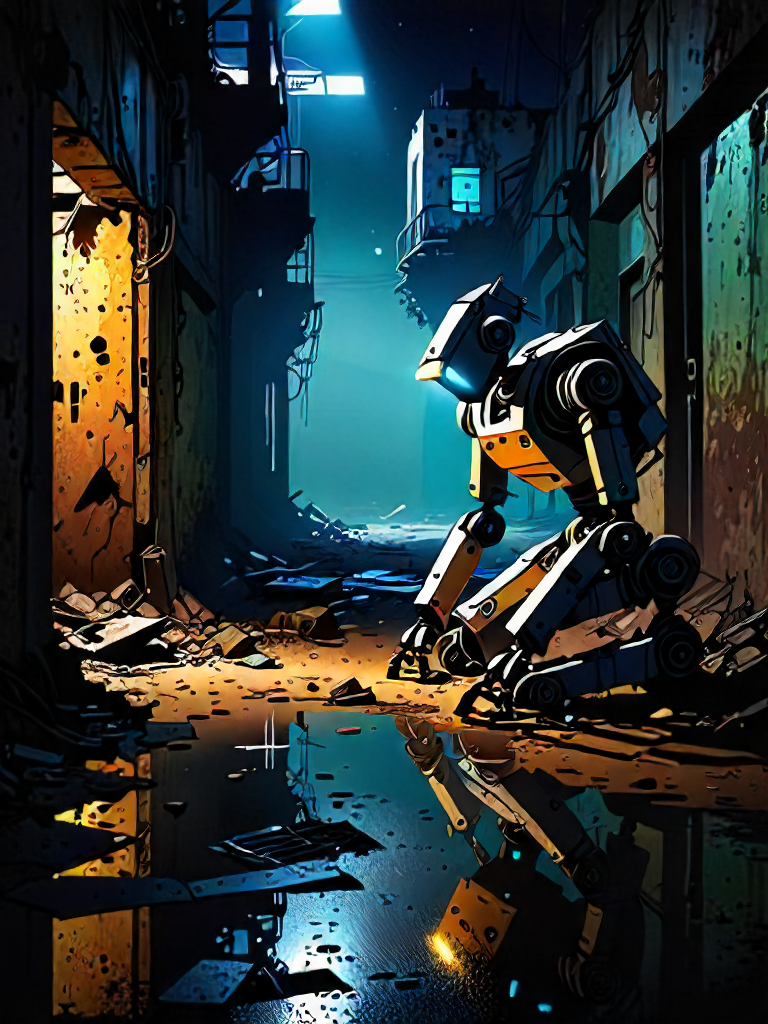 00000-4025363384-moxieDiffusionXL_v151-Euler a -A  robot falling into desperation, alone in a decaying city at night, shadows surround it, underground.png